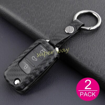 2x Carbon Fiber Car Flip Key Fob Case Cover For VW Beetle Passat Scirocco Eos
