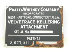 VTG Pratt Whitney Company Velvetrace Kellering Attachment Metal Logo Plate - C