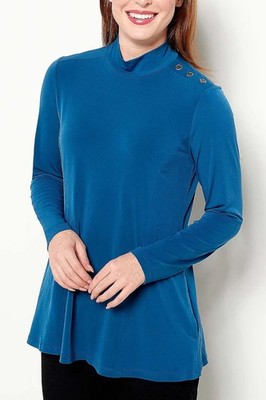 Susan Graver Regular Liquid Knit Fit & Flare Mock-Neck Tunic Blue