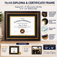 11x14 Black Gold Diploma Certificate Frame Fits 8.5x11 Document Wall Display