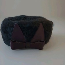 Vintage 1950s 1960s Black Faux Fur Pillbox Hat w/ Satin Bow Cat Ear Detail Retro
