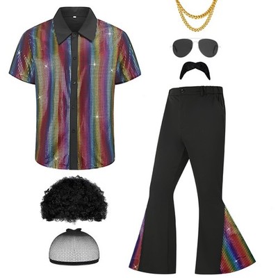 Mens 70s Disco Outfit Costume Short Sleeve Shirts Flare Pants Wigs Neck...