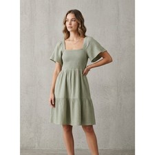 Madewell Smocked Gauze Tie-Back Flutter Sleeve Mini Dress Sage Green S