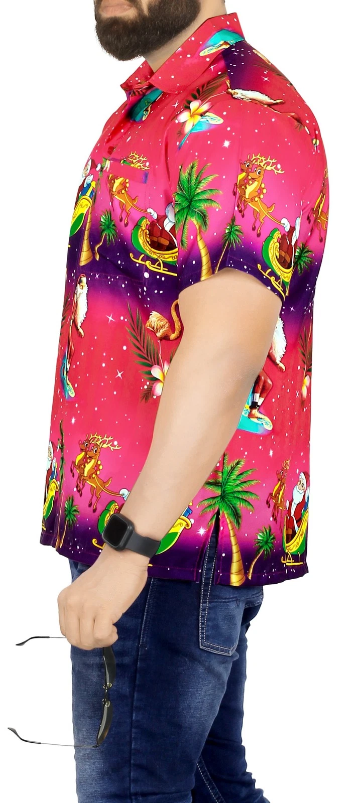 HAPPY BAY Men's Hawaiian Short Sleeve Button Down Shirts L Santa Surf, Pink