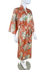 Vintage Asian Silk Kimono Robe, Matching Sash Belt, Fan Pattern M