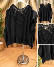 Boho Tunika Schwarz Häkelspitze Oversize A-L...