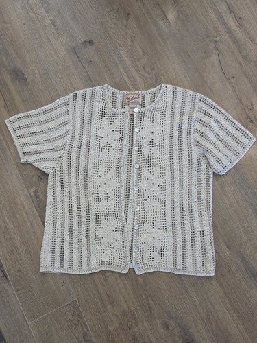 Woolrich, ​Woolrich Vintage Linen Crochet Cardigan Top Womens M Handknit Neutral Open Knit
