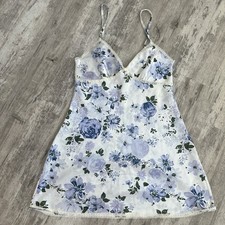 Satin White With Blue Floral Slip Dress Lingerie With Lace Trim Size M