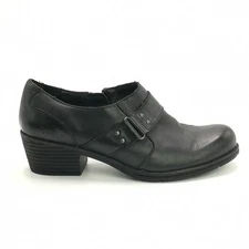 B.O.C. Shoes Womens Clog Loafer Heeled Black Leather Strapped Slip In Ankle 9.5