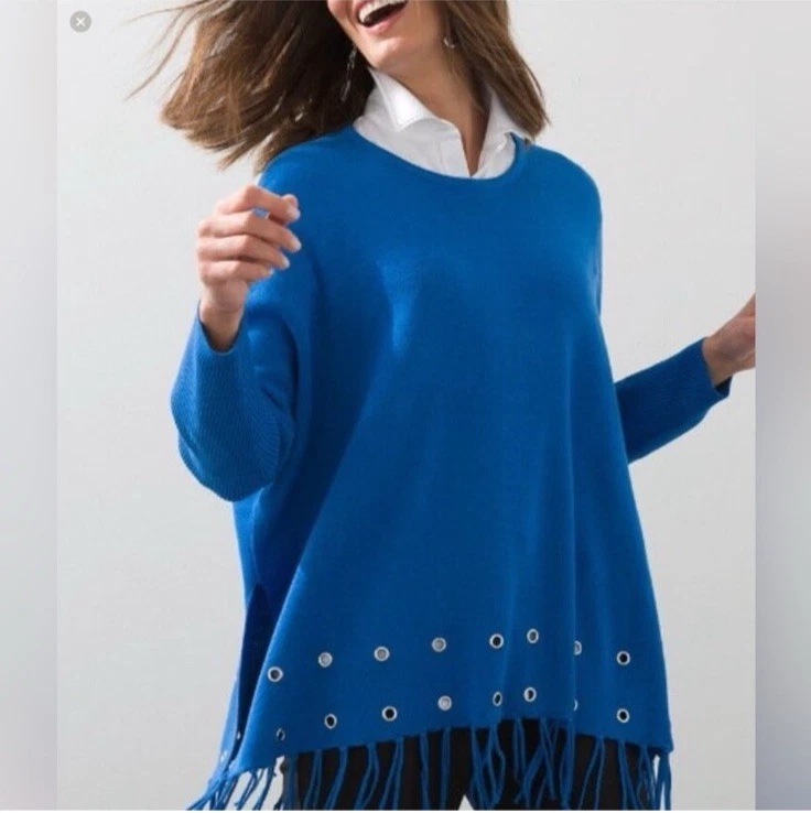 Chico's Fringe Poncho Tunic Sweater Top L/XL Blue Tassels Grommets Dolman Preppy