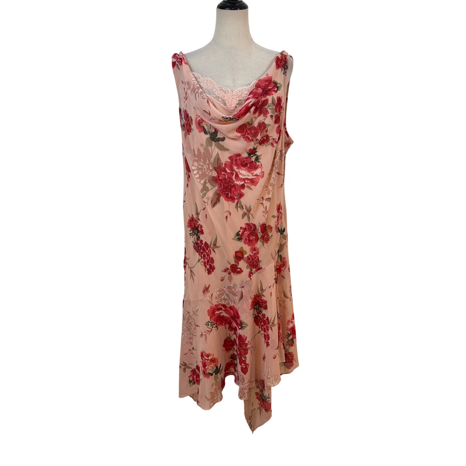 Vtg y2k Dressbarn Floral Cowl Neck slip Dress sz 22/24 Roses beaded Sequin Midi