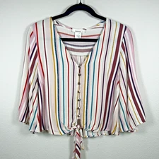 Urban Romantics Women's Striped Tie Front Crop Top Size M Multicolor Button Down