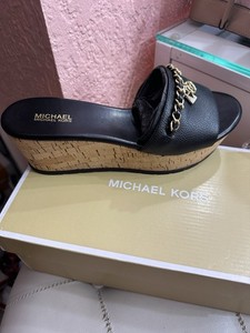 Michael Kors Women's Black Leather Wedge Slide Sandals Logo Chain US 6.5 M
