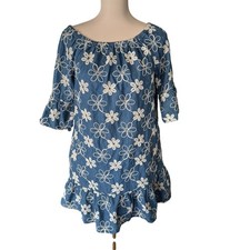 Eci New York Size 4 Blue Chambray White Embroidered Flowers Dress Ruffles Boho