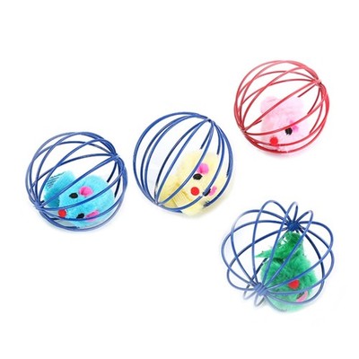 Furry Cats Toys Colored Mouse in Cage Ball Play-Catch Cats Balls Toy