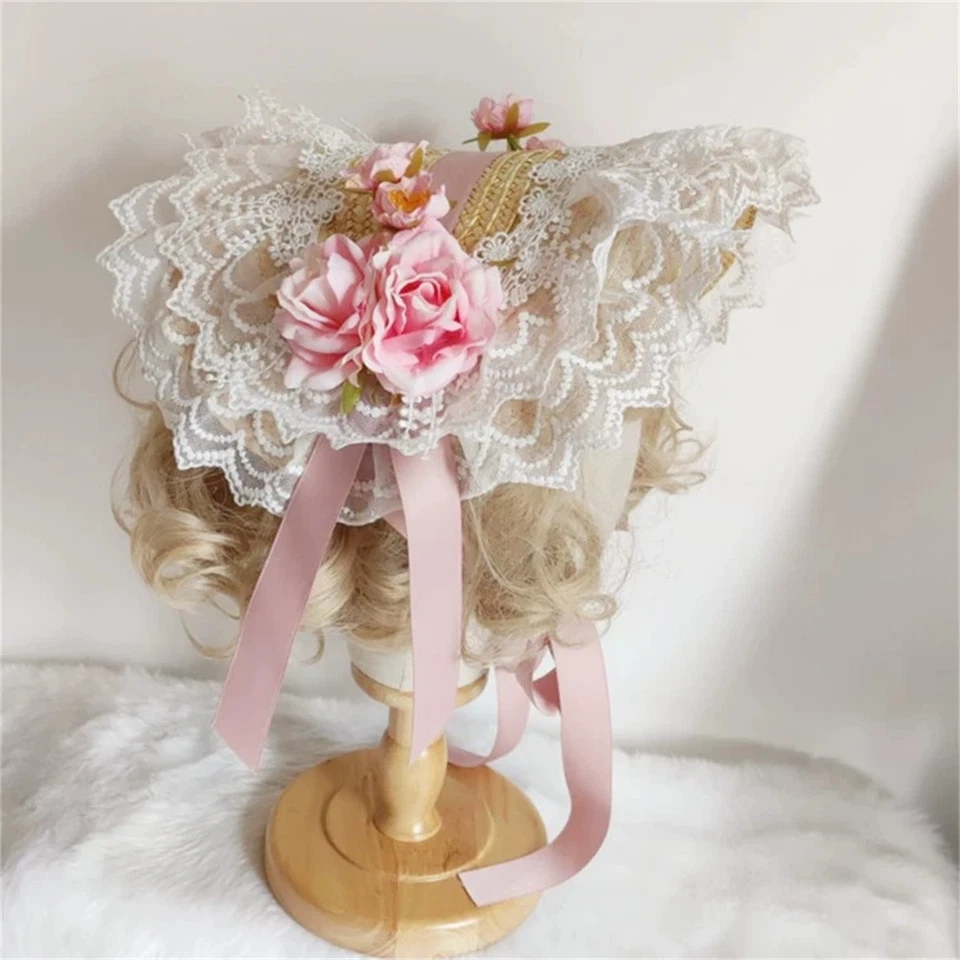 Gorro de paja victoriano para mujer con ala de encaje floral clásico sombrero de lolita Foto 2 de 4