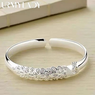 925 Sterling Silver Elegant Peacock Bracelet Bangles for Women
