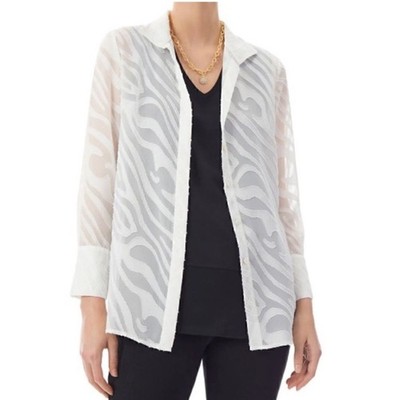 New Ming Wang Women's White Zebra Button Front Shirt Textured Office Business