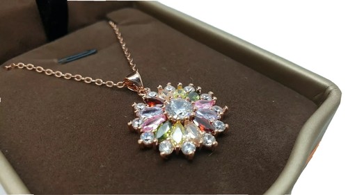 Rose gold finish multicoloured gemstones flower design necklace valentines idea - Picture 5 of 8