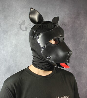 HUNDEMASKE KUNSTLEDER STRAP ON WELPE VOLLER KOPF KAPUZE SCHWARZ HAUSTIER SPIELEN FETISCH KNICK