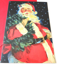 Vintage Christmas Card Hallmark Glittery Snowy Santa Claus with Wreath