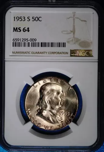 1953-S Franklin Half Dollar Silver UNC, NGC MS64,  Lite Toning,  295-009