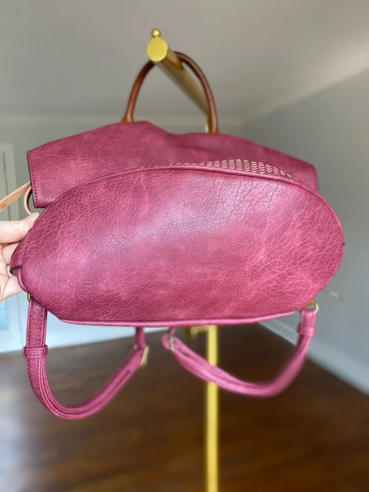 Mauve Leather Backpack Boho Zip Travel Office Streetwear Festival Indie Weekend - Image 3 of 4