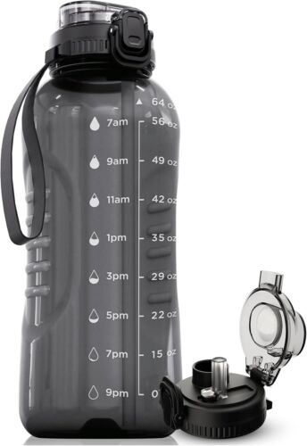 64 oz Water Bottle with Time Marker - 2in1 Straw & Chug Lid - BPA Free Big Water