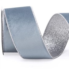Dusty Blue Velvet Wired Ribbon 2.5 Inch Dusty Blue Velvet with Silver Glitter...