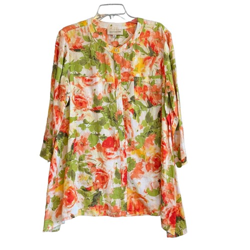 Jones New York Sport Linen Womens Top Size XL Floral Button Tunic Long Sleeves