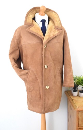 WOOLRICH Californian Lamb Suede Shearling Coat Size 42R/52R XL Vintage Camel USA - Picture 2 of 20