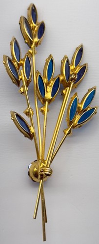 Vintage Blue Rhinestone Flower Bouquet Brooch Gold Tone Faux Skinny Navette 4” - Picture 5 of 7