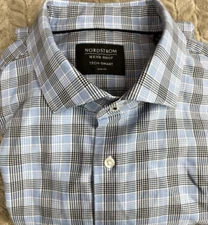 Nordstrom Shirt Men 16-32/33 Blue Plaid Tech Smart Trim Fit Long Sleeve Button