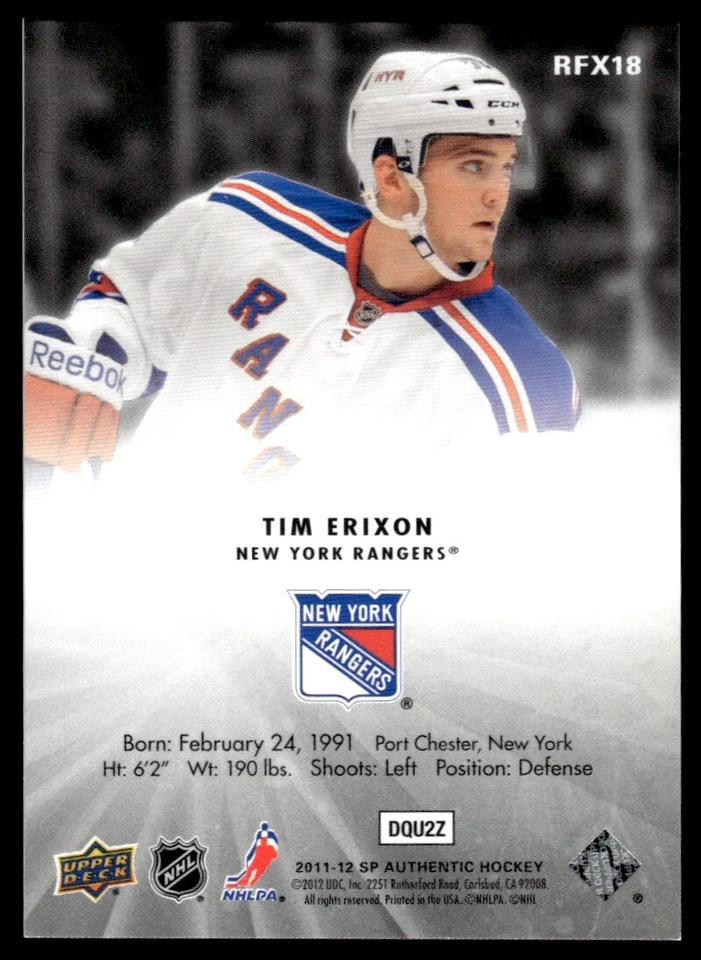 2011-12 SP Authentic Holoview FX Tim Erixon New York Rangers #RFX18 - Image 2 of 2