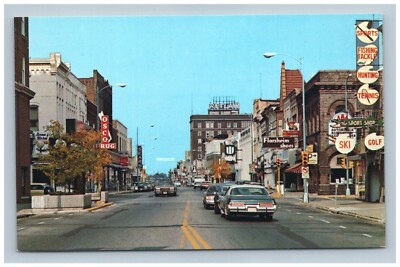 City Street View Postcard Fond Du Lack Wisconsin WI Cars Stores Signs Chrome