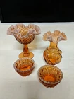 4 Fenton Art Glass Caramel Amber Opalescent Pieces - Compote, Vase, 2 Bowls