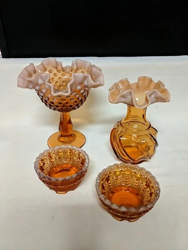 4 Fenton Art Glass Caramel Amber Opalescent Pieces - Compote, Vase, 2 Bowls
