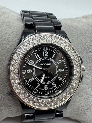 Ladies Scoop 160-33PP Black Metal Rhinestone Quartz Watch New Battery