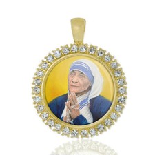 Mother Teresa Christian Round Medal Gold Tone Pendant with Rhinestones