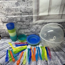 Lot Of 37 - IKEA Plastic Picnic Set - Bowls/silverware/cups/plates W/ Carry Case