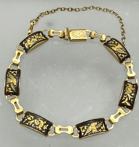 ESTATE VINTAGE DAMASCENE GOLD TONE BLACK BIRD FLOWER PANEL LINK BRACELET