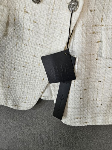NWT Mina Self Women's White Plaid Double Breasted Soft Tweed Blazer Small Gold - Picture 4 of 11