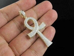 Authentic 1.80Ct Round Cut Simulated Diamond Ankh Cross Pendant In 14k Yellow Gold Plated