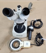 AmScope 1x-3x microscope with dust cover, ring light and DCM130 USB2.0 camera.