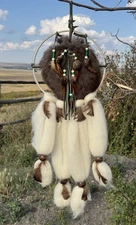 Vintage Dreamcatcher Native American Mandala Fur Wool Feathers Beaded Large 24"