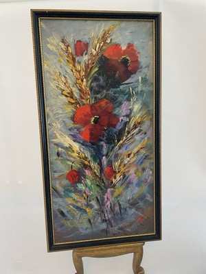 Vintage Stillleben Ölgemälde Floral auf Leinwand 60er Jahre Landhaus Mohn signiert