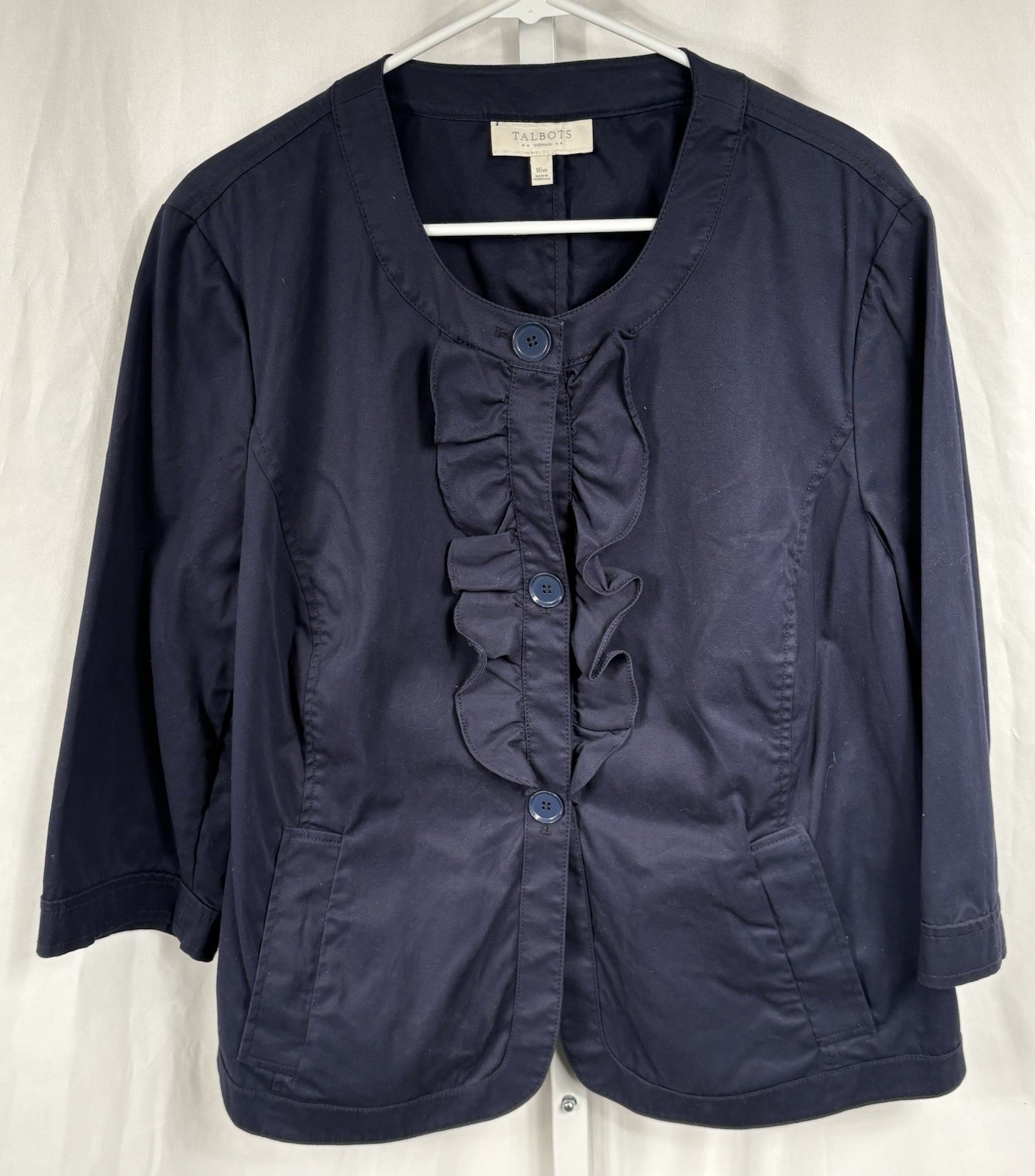 Talbots Blue Button Front Ruffled Round Neck 3/4 … - image 1