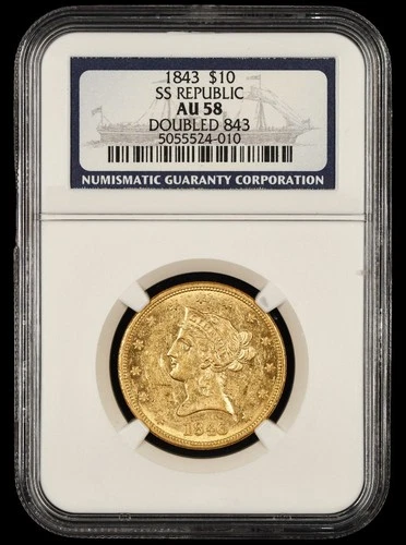 1843 $10 Gold Liberty SS Republic Shipwreck, Doubled 843 NGC AU58