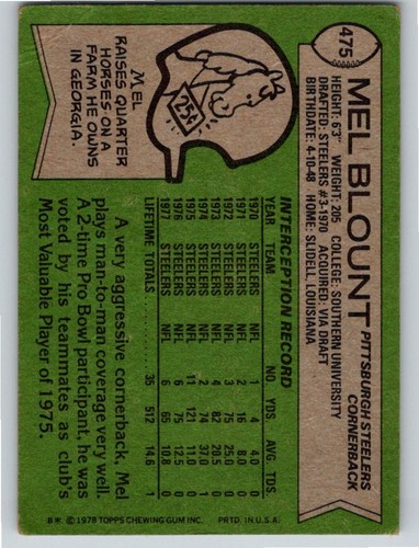 1978 Topps #475 Mel Blount Hofer Pittsburgh Steelers Free Shipping! - Picture 2 of 2