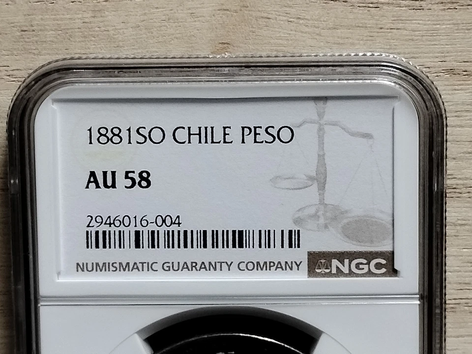 Moneda de plata 1881 So Un Peso Chile NGC AU 58 Foto 3 de 4